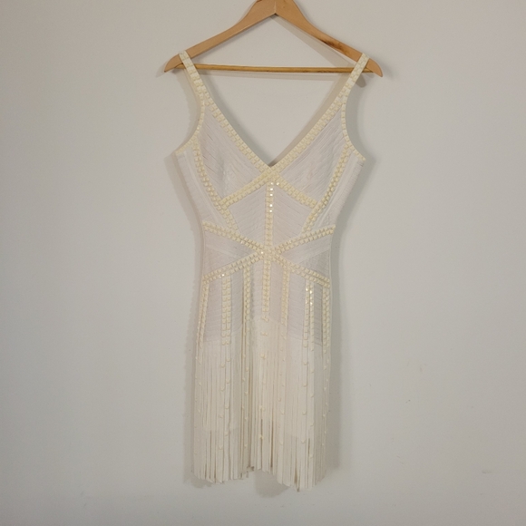 Herve Leger Dresses & Skirts - Herve Leger Womens Back zip V Neck  Bodycon Dress Beige size Small Fringe Spot